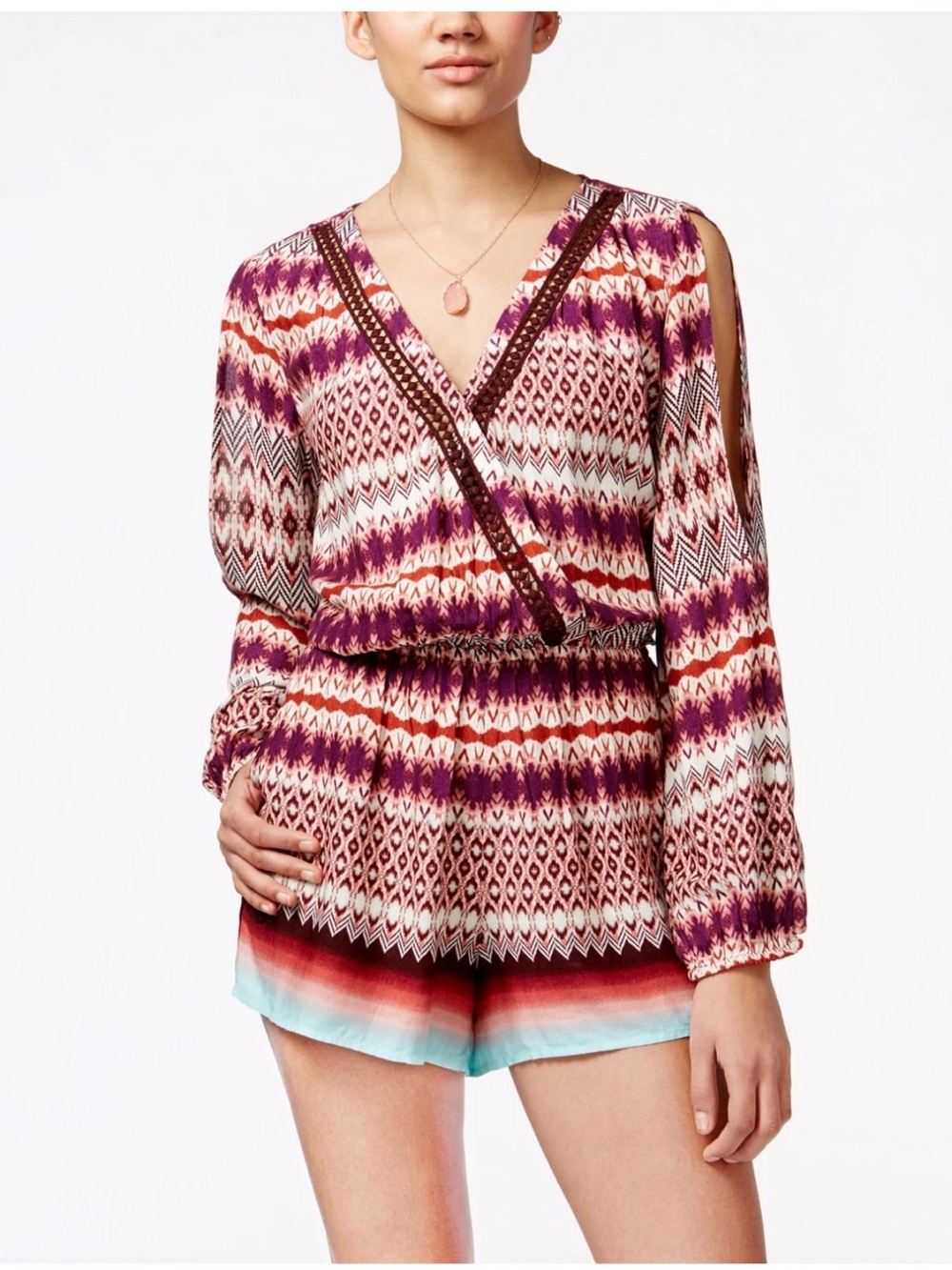 Jessica Simpson Multicolor Tribal-Print Romper with Cutout Sleeves